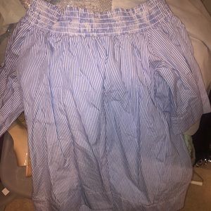 White and blue stripe off the shoulder top